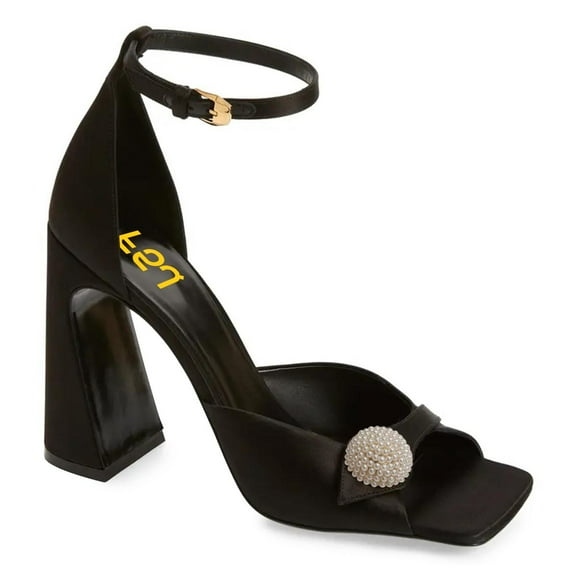 FSJ Women Graceful Pearls Chunky High Heels Ankle Strap Buckled Open Toe Sandals Dressy Themed Party Shoes Size 7.5 Black
