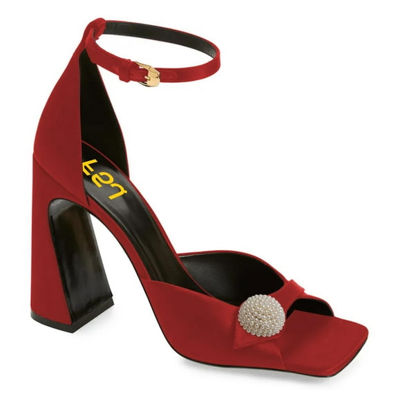 FSJ Women Graceful Pearls Chunky High Heels Ankle Strap Buckled Open Toe Sandals Dressy Themed Party Shoes Size 8 Red
