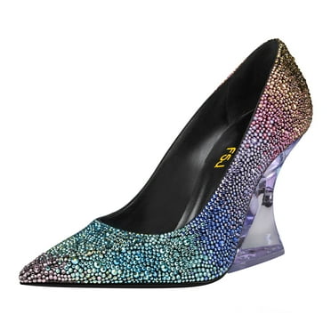 FSJ Women Graceful Pointed Closed Toe Pumps Chic Transparent Chunky High Heel Slip On Office Formal Wedding Party Dress Shoes Size 8 Multicolor Rhinestones