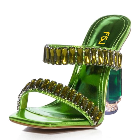 FSJ Women Graceful Rhinestone Double Strap Slide Sandals Slip On Square Open Toe Crystal Block Chunky High Heel Mule Dressy Shoes Size 14 Green