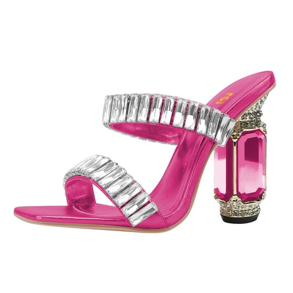 FSJ Women Graceful Rhinestone Double Strap Slide Sandals Slip On Square Open Toe Crystal Block Chunky High Heel Mule Dressy Shoes Size 15 Pink
