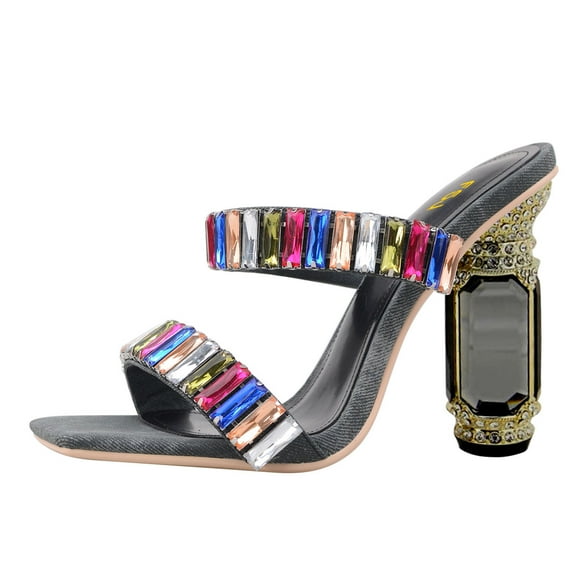 FSJ Women Graceful Rhinestone Double Strap Slide Sandals Slip On Square Open Toe Crystal Block Chunky High Heel Mule Dressy Shoes Size 7.5 Black Multicolor Crystals