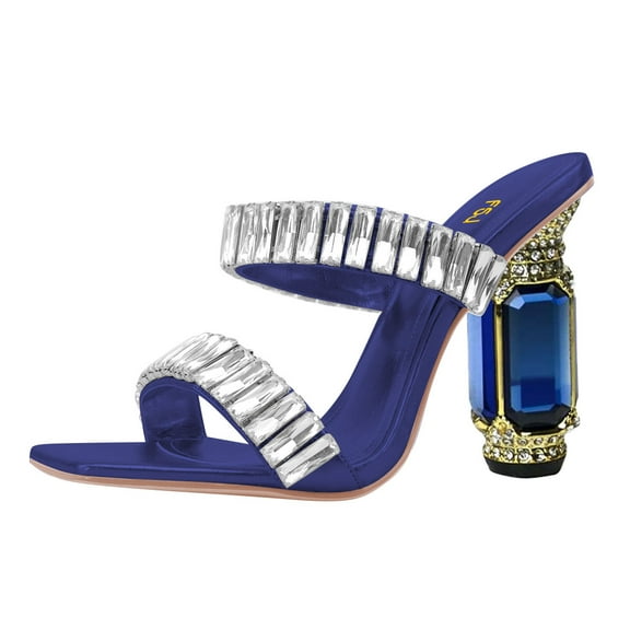 FSJ Women Graceful Rhinestone Double Strap Slide Sandals Slip On Square Open Toe Crystal Block Chunky High Heel Mule Dressy Shoes Size 7 Navy