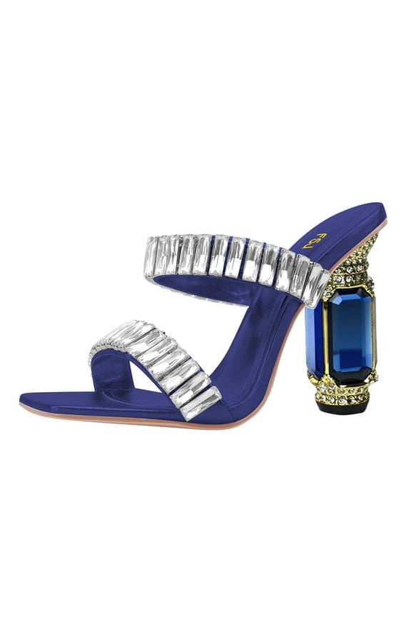 Women Graceful Rhinestone Double Strap Slide Sandals Slip On Square Open Toe Crystal Block Chunky High Heel Mule Dressy Shoes Size 8 Navy