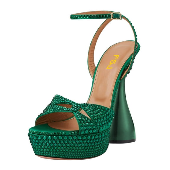 FSJ Women Graceful Rhinestones Platform Chunky High Heel Sandals Ankle Strap Round Open Toe Wedding Party Shoes Size 14 Green