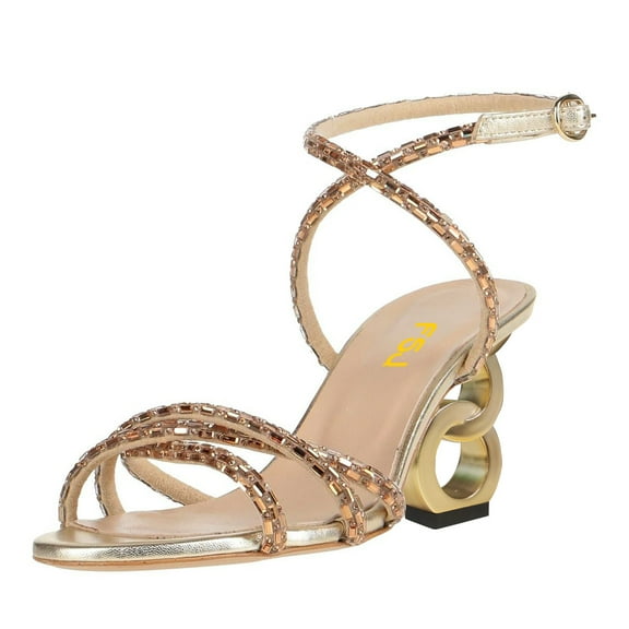 FSJ Women Graceful Rhinestones Round Open Toe Strappy Sandals Cross Ankle Strap Chain Block Chunky Mid Heel Wedding Prom Shoes Size 13 Gold