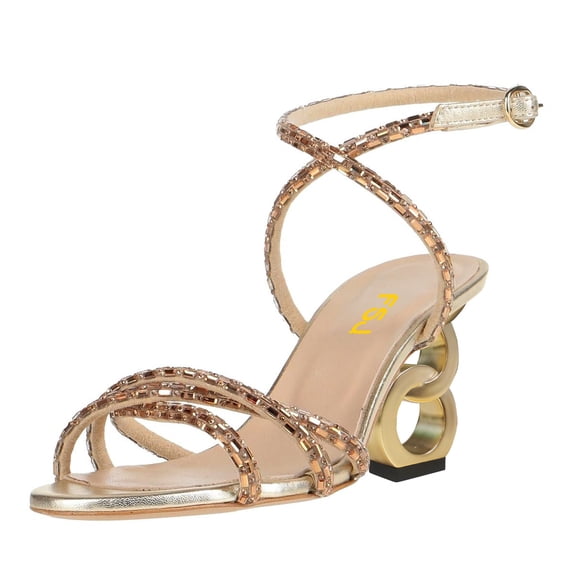 FSJ Women Graceful Rhinestones Round Open Toe Strappy Sandals Cross Ankle Strap Chain Block Chunky Mid Heel Wedding Prom Shoes Size 7 Gold