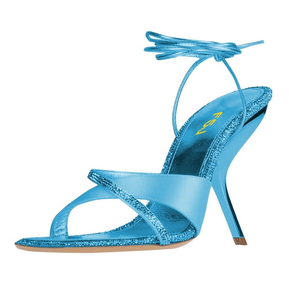 FSJ Women Graceful Rhinestones Square Open Toe Sexy Lace Up Heels Strappy Sandals Slanted Stilettos High Heel Prom Shoes Size 11 Blue