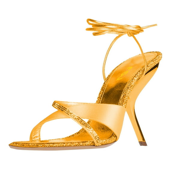 FSJ Women Graceful Rhinestones Square Open Toe Sexy Lace Up Heels Strappy Sandals Slanted Stilettos High Heel Prom Shoes Size 7.5 Golden