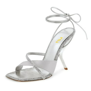 FSJ Women Graceful Rhinestones Square Open Toe Sexy Lace Up Heels Strappy Sandals Slanted Stilettos High Heel Prom Shoes Size 8 Silver