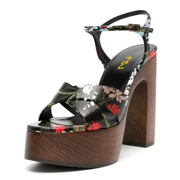 FSJ Women Graceful Round Open Toe Chunky High Heel Platform Sandals Ankle Strap Buckle Comfortable Prom Party Brunch Dress Shoes Size 12 Flower
