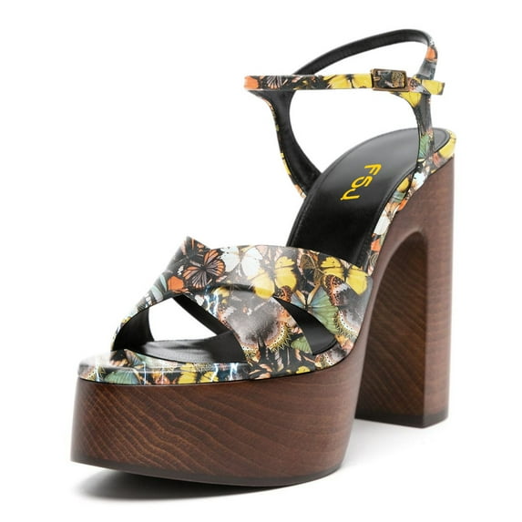 FSJ Women Graceful Round Open Toe Chunky High Heel Platform Sandals Ankle Strap Buckle Comfortable Prom Party Brunch Dress Shoes Size 4 Butterfly