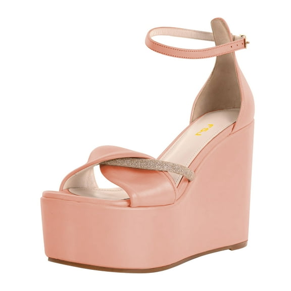 FSJ Women Graceful Round Open Toe Platform Wedge High Heels Sandals Ankle Strap Adjustable Buckle Party Evening Dress Shoes Size 5.5 Pink