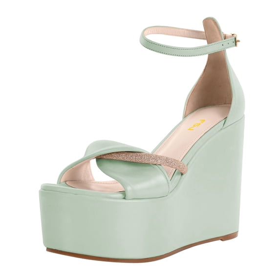 FSJ Women Graceful Round Open Toe Platform Wedge High Heels Sandals Ankle Strap Adjustable Buckle Party Evening Dress Shoes Size 7 Green