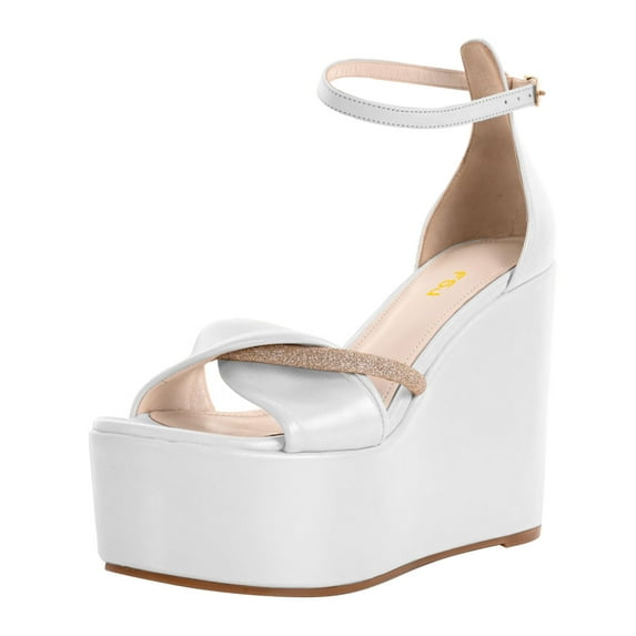 FSJ Women Graceful Round Open Toe Platform Wedge High Heels Sandals Ankle Strap Adjustable Buckle Party Evening Dress Shoes Size 7 White