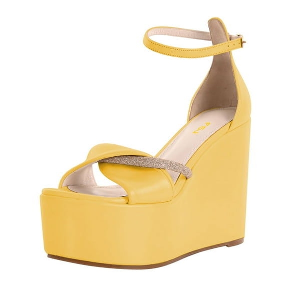 FSJ Women Graceful Round Open Toe Platform Wedge High Heels Sandals Ankle Strap Adjustable Buckle Party Evening Dress Shoes Size 8 Yellow