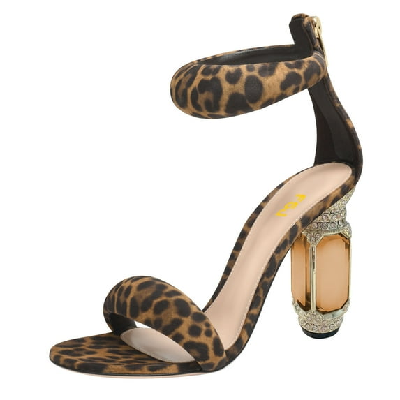 FSJ Women Graceful Single Strap Open Toe Sandals Ankle Strap Crystal Chunky High Heels Pumps Back Zipper Party Wedding Dress Shoes Size 6 Leopart