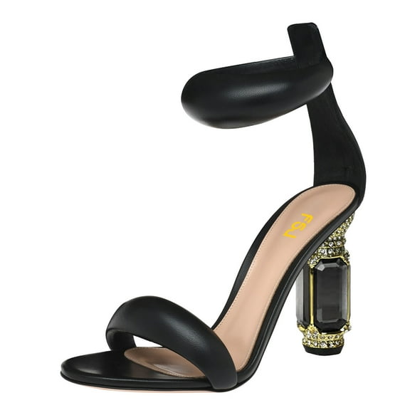 FSJ Women Graceful Single Strap Open Toe Sandals Ankle Strap Crystal Chunky High Heels Pumps Back Zipper Party Wedding Dress Shoes Size 9.5 Black