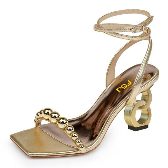 FSJ Women Graceful Square Open Toe Ankle Strap Sandals Beaded Strappy Chain Chunky Mid Heel Buckled Wedding Dress Pump Shoes Size 8 Gold