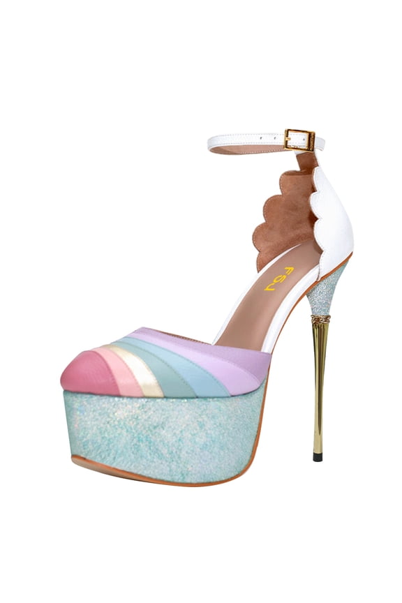 Women Graceful Stiletto Platform High Heel Pumps Ankle Strap Rainbow Round Closed Toe D'Orsay Sandals Dress Wedding Shoes Size Size 10.5 White Blue