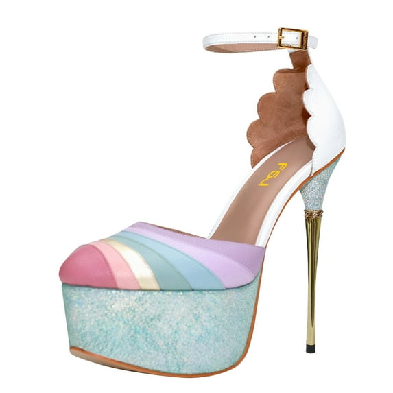FSJ Women Graceful Stiletto Platform High Heel Pumps Ankle Strap Rainbow Round Closed Toe D'Orsay Sandals Dress Wedding Shoes Size Size 6.5 White Blue