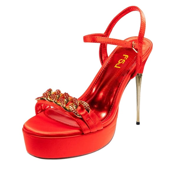 FSJ Women Graceful Stiletto Super High Heel Sandals Crystal Chain Open Toe Ankle Buckle Strap Platform Pumps Wedding Dress Shoes Size 15 Red