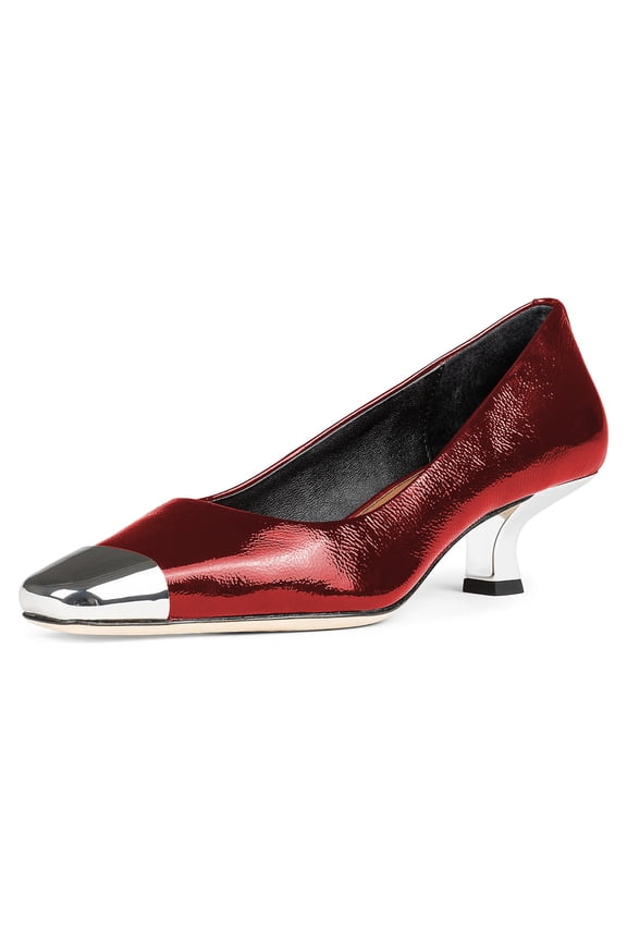 Women Graceful Two-Tone Kitten Low Heels Pumps Slip On Square Cap Closed Toe Casual Office Work Comfort Dress Shoes Size 8 Red