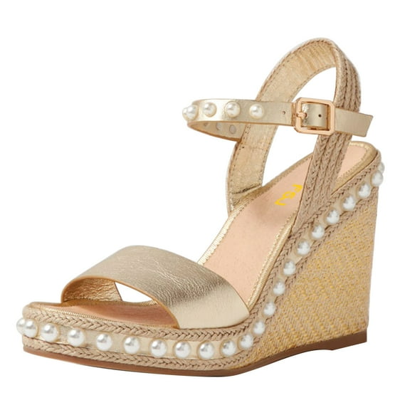 FSJ Women High Heel Round Open Toe Pearl Ankle Strap Sandal Platform Espadrille Wedges Buckle Sandals Casual Dressy Shoes Size 11 Gold