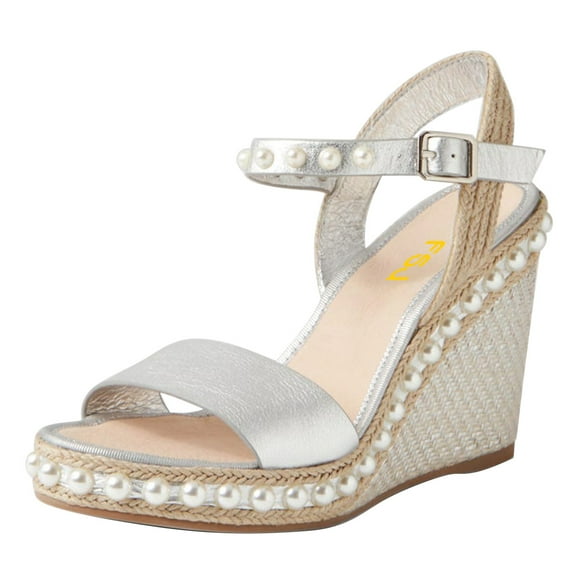 FSJ Women High Heel Round Open Toe Pearl Ankle Strap Sandal Platform Espadrille Wedges Buckle Sandals Casual Dressy Shoes Size 16 Silver