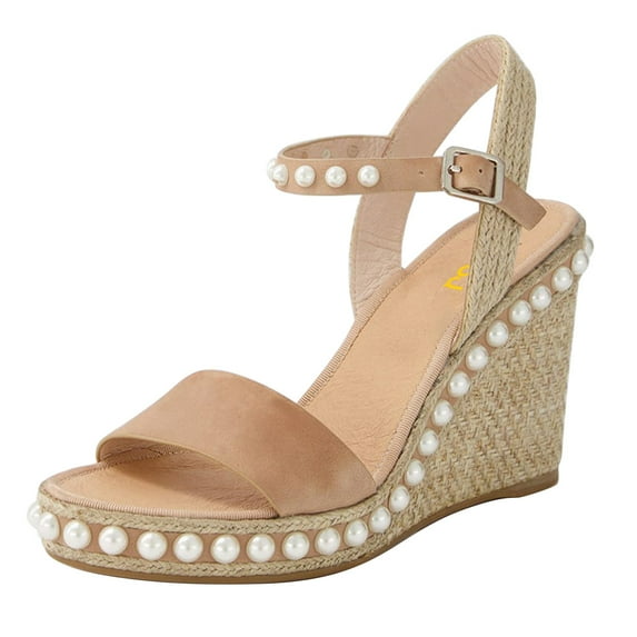 FSJ Women High Heel Round Open Toe Pearl Ankle Strap Sandal Platform Espadrille Wedges Buckle Sandals Casual Dressy Shoes Size 4 Brown