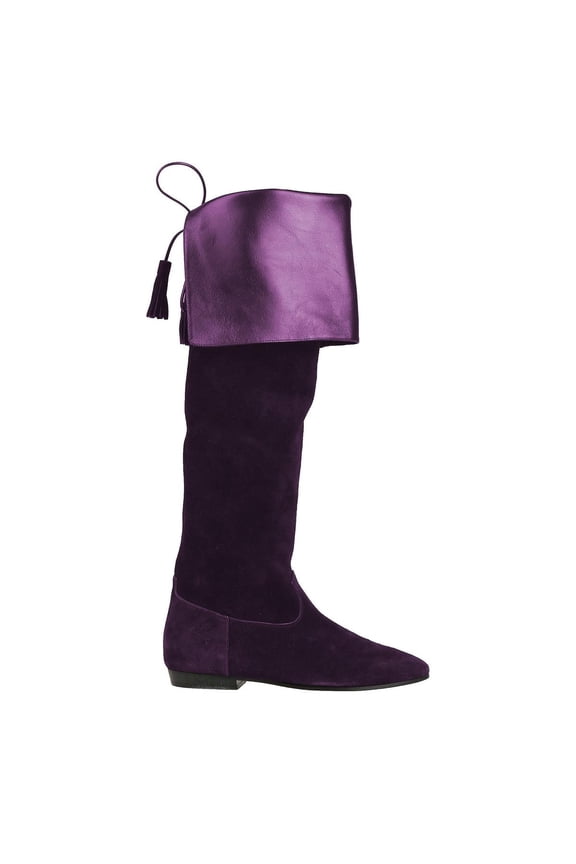 Women Knee-High Boots Comfortable Flat Low Heel Almond Toe Stretchy Suede Fold Boots Leather Cuff with Tassel Size 15 Black