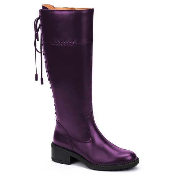 FSJ Women Lace Up Back Knee High Fashion Boots Round Toe Side Zipper Low Chunky Heels Tie Riding Booties Shoes Size 5 Purple