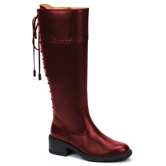FSJ Women Lace Up Back Knee High Fashion Boots Round Toe Side Zipper Low Chunky Heels Tie Riding Booties Shoes Size 8 Red