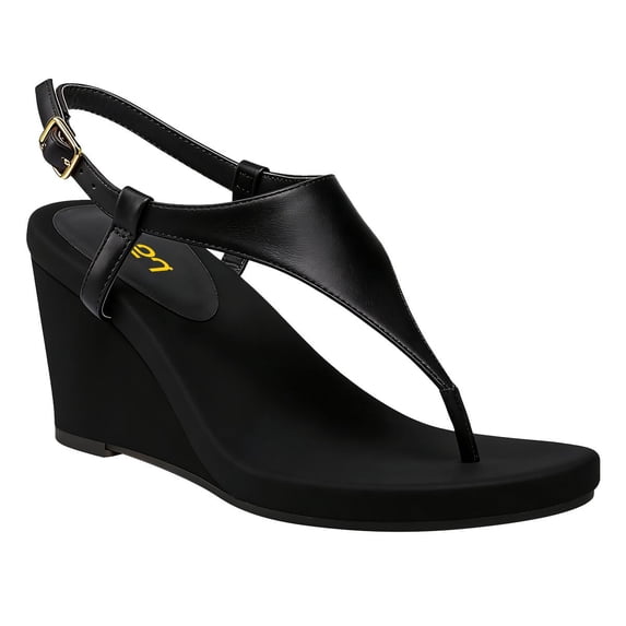 FSJ Women Low Wedge Heel Thong Sandals Ankle Strap Round Open Toe Flip Flops Comfortable Cushion Heeled Sandals Size 5 Black