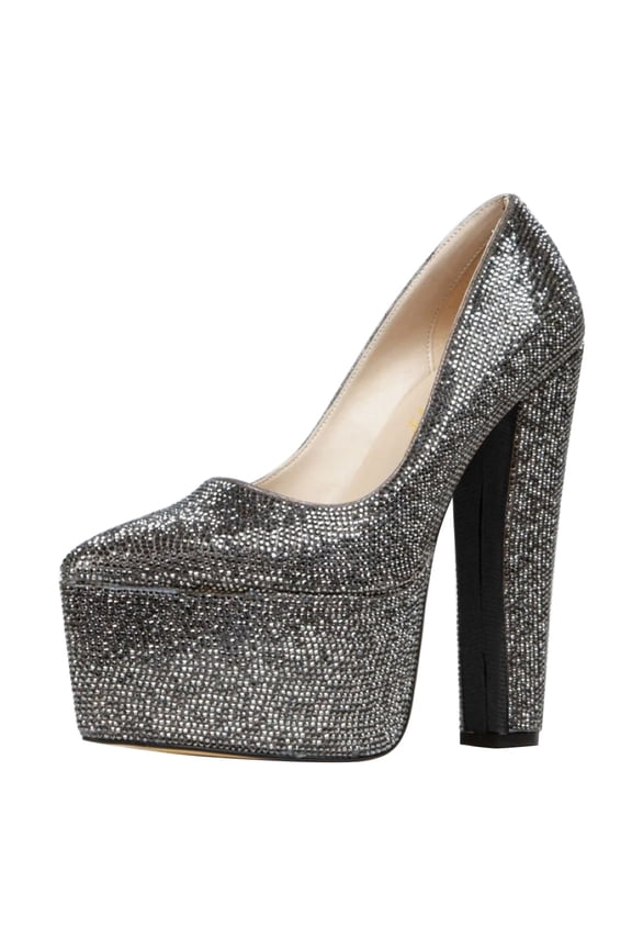 Women Luxury Sparkly Rhinestone Embellished Chunky Block High Heel Platform Pumps Closed Toe Slip On Wedding Party Event Shoes Size 13 Dark Gray