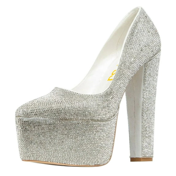 FSJ Women Luxury Sparkly Rhinestone Embellished Chunky Block High Heel Platform Pumps Closed Toe Slip On Wedding Party Event Shoes Size 8.5 Silver