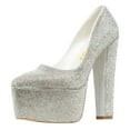 thumbnail image 1 of FSJ Women Luxury Sparkly Rhinestone Embellished Chunky Block High Heel Platform Pumps Closed Toe Slip On Wedding Party Event Shoes Size 9.5 Silver, 1 of 4