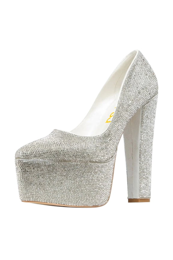 Women Luxury Sparkly Rhinestone Embellished Chunky Block High Heel Platform Pumps Closed Toe Slip On Wedding Party Event Shoes Size 9.5 Silver