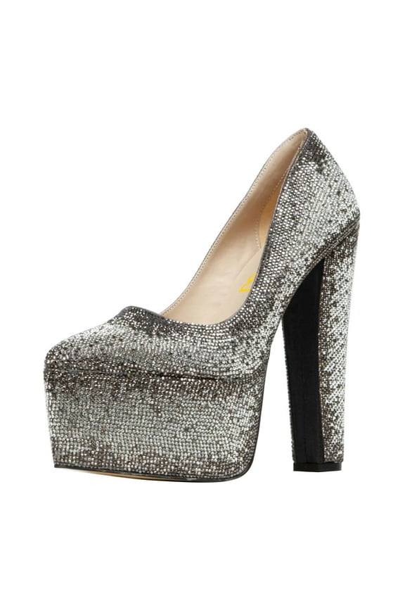 Women Luxury Sparkly Rhinestone Embellished Chunky Block High Heel Platform Pumps Closed Toe Slip On Wedding Party Event Shoes Size 8 Gray Gradient
