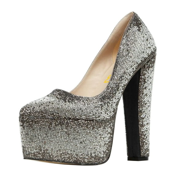 FSJ Women Luxury Sparkly Rhinestone Embellished Chunky Block High Heel Platform Pumps Closed Toe Slip On Wedding Party Event Shoes Size 8 Gray Gradient