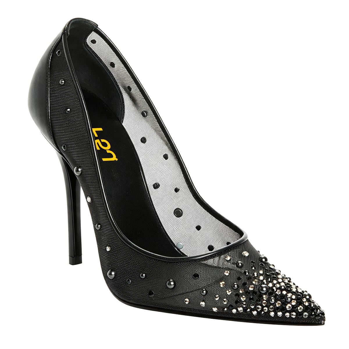 FSJ Women Mesh Pumps Rhinestone Pointed Toe Stiletto Heels Size 9 Black ...