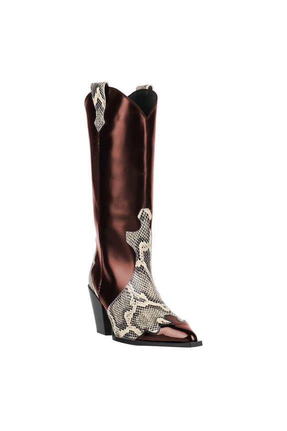Women Modern Snake Print Cowboy Boots Pointed Toe Knee High Chunky Heel Western Pull On Fall Winter Daily Outing Tall Boots Size 16 Brown