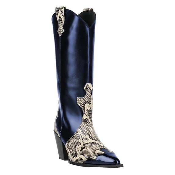 FSJ Women Modern Snake Print Cowboy Boots Pointed Toe Knee High Chunky Heel Western Pull On Fall Winter Daily Outing Tall Boots Size 9 Blue