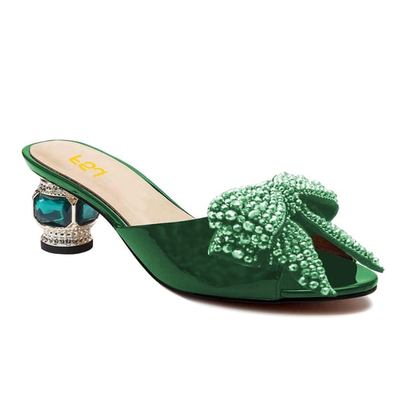 FSJ Women Open Peep Toe Rhinestone Bow Mules Slip on Crystal Chunky Low Heels Slippers Dressy Evening Bridal Slide Sandals Size 15 Green