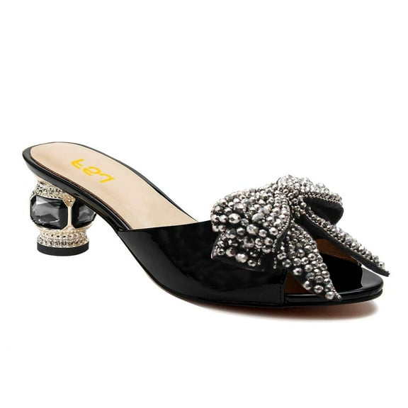 FSJ Women Open Peep Toe Rhinestone Bow Mules Slip on Crystal Chunky Low Heels Slippers Dressy Evening Bridal Slide Sandals Size 7 Black