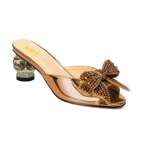FSJ Women Open Peep Toe Rhinestone Bow Mules Slip on Crystal Chunky Low Heels Slippers Dressy Evening Bridal Slide Sandals Size 7 Golden Brown