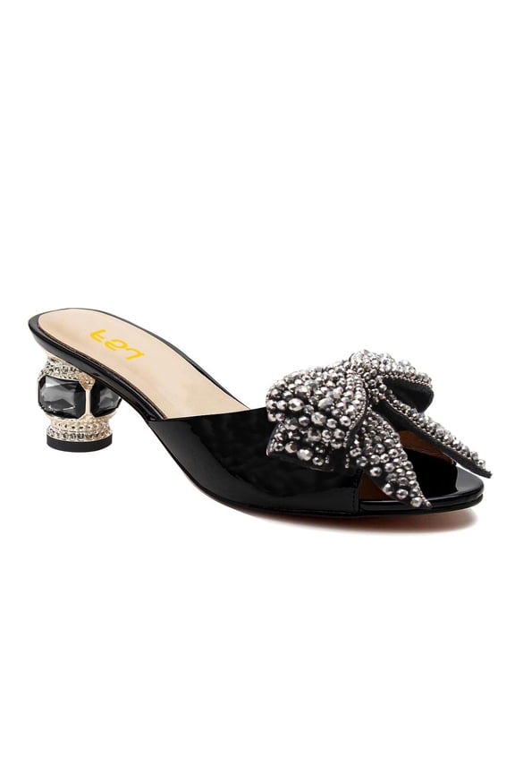 Women Open Peep Toe Rhinestone Bow Mules Slip on Crystal Chunky Low Heels Slippers Dressy Evening Bridal Slide Sandals Size 8 Black