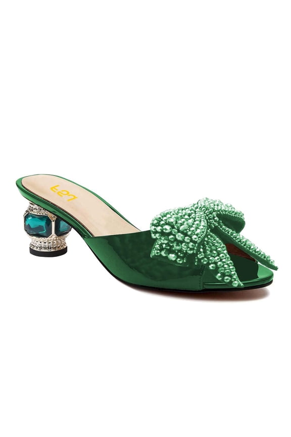 Women Open Peep Toe Rhinestone Bow Mules Slip on Crystal Chunky Low Heels Slippers Dressy Evening Bridal Slide Sandals Size 9 Green