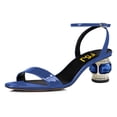 thumbnail image 1 of FSJ Women Open Round Toe Patent Leather Sandals Strappy Ankle Strap Mid Crystal Heels Fashion Party Dressy Work Shoes Size 14 Blue, 1 of 5