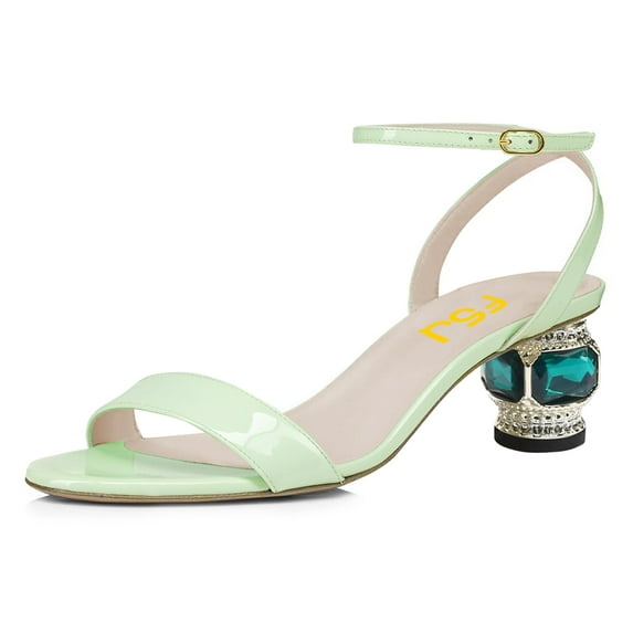 FSJ Women Open Round Toe Patent Leather Sandals Strappy Ankle Strap Mid Crystal Heels Fashion Party Dressy Work Shoes Size 6 Pale Green